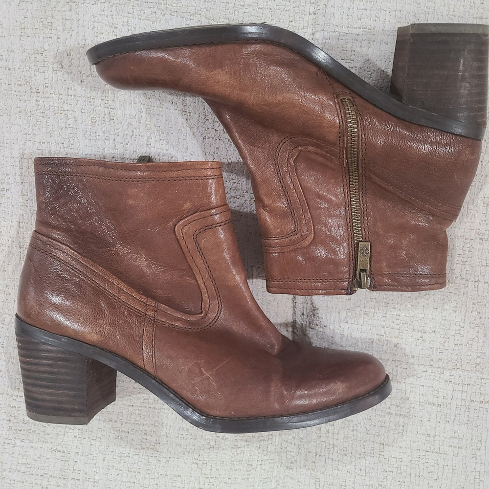 Arturo Chiang Brown Leather Block Heeled Ankle Booties Short Boots Womens 7